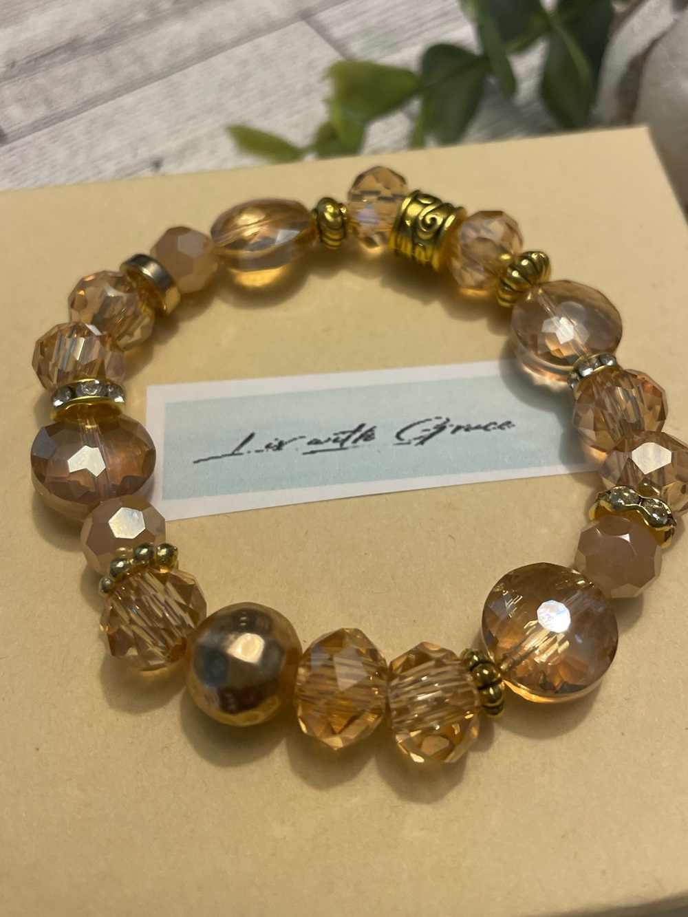 Champagne Crystal and Gold Accented Bracelet 10mm handmade stretch sparkle - Picture 6 of 6